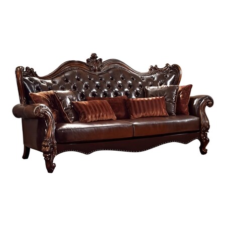 Homeroots 93" Brown Faux Leather Sofa And Toss Pillows With Burgundy Legs 490988