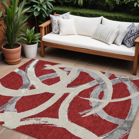 Homeroots 10' X 14' Red Beige And Gray Abstract Washable Indoor Outdoor Area Rug 599165