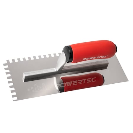 Powertec Stainless Steel Trowel with 1/4in x 3/8in Square Notch, Soft Grip Handle for Cement, Concrete 72181