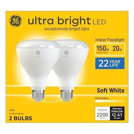 Ge LED Light Bulb, BR30 Lamp, 150 W Equivalent, E26 Medium Lamp Base, Dimmable, Soft White Light, 2PK 93130933