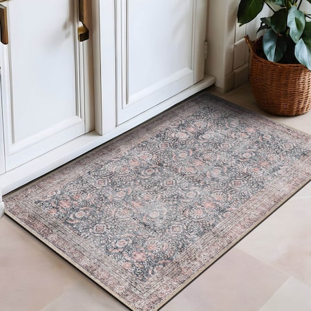 World Rug Gallery Vintage Inspired Machine Washable Non Slip Area Rug 2 ft x 3 ft Charcoal 6029CHARCOAL2X3