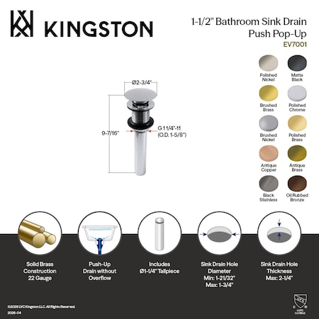 Kingston Brass Push Pop-Up Drain without Overflow, Antique Copper EV700AC