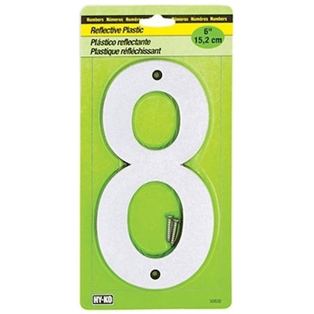 Hy-Ko 30800 Series Reflective Sign, Character 8, 6 in H Character, BlackSilver Character, Plastic 30808