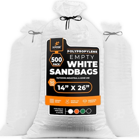 Xpose Safety Woven Poly Sand Bags for Flooding, 14 x 26 Heavy Duty 100 lb WL, Empty, White, Pack of 500, 500PK SBW-HVY-1426-500-X