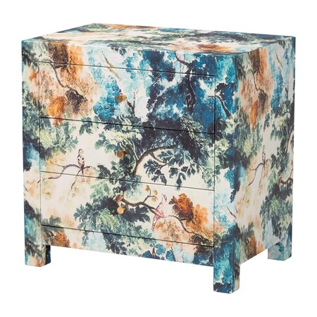 Baxton Studio Adeline End Table with Printed Nature Motif - 3-Drawer Storage Cabinet with Gold Knobs 267-14621-ZORO