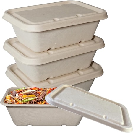 Ecoquality 24oz Rectangular Sugarcane Container With Sugarcane Lid, Compostable Bowl For Meals, 400PK EQCRTBWSL24-400
