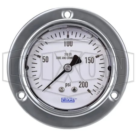 Dixon Panel Builder Gauge, 0 to 200 psi, 1/4 in Connection, 2-1/2 in Dial, +/- 2-1-2 %, Glycerin Liquid Fi PBLSS200