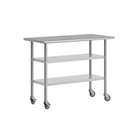 Flash Furniture Rawcliffe Stainless Steel Work Table 24in. x 48in. w/2 Undershelves and 4 Casters w/2 Locking NH-WT-GU-2448-CAS-GG