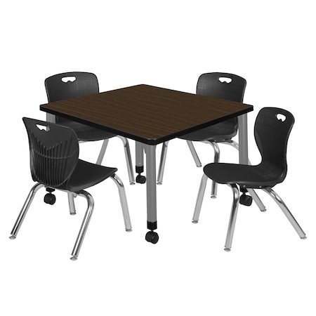 Regency Square Kee Mobile Adjustable Classroom Table W/ 4 Andy Chairs, 30 in W, 30 in L, Neo Walnut TB3030NWAPCGY45BK
