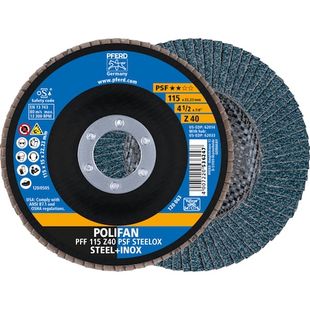 Pferd Flap Disc, 4-1/2" x 7/8, Z PSF STEELOX, 40 Grit, T27, Flat, Zirconia 62014