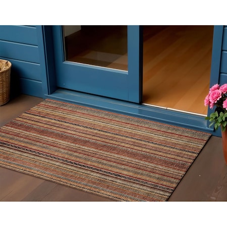 Homeroots 3' X 5' Rust Taupe And Gray Striped Washable Indoor Outdoor Area Rug 616382