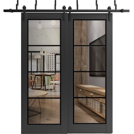Sartodoors Sliding Closet Clear Glass Barn Bypass Doors, Lucia 2466 Matte Black and Aluminum Strips, Sturdy 6 LUCIA2466BBB-BLK-64 x 84 (2* 32x84)