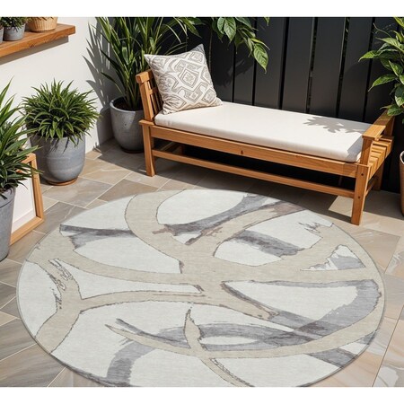 Homeroots 8' Ivory Gray And Beige Round Abstract Washable Indoor Outdoor Area Rug 599132