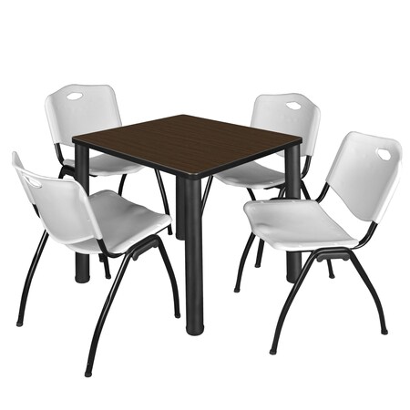 Regency Square Kee Breakroom Table W/ 4 M Stack Chairs, 30 in W, 30 in L, Neo Walnut TB3030NWBPBK47GY