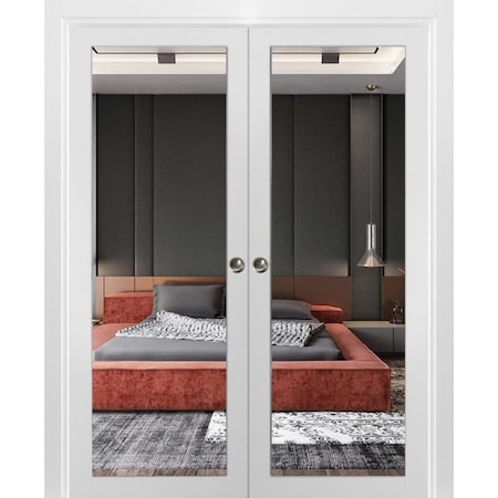 Sartodoors Sliding French Double Pocket Doors, Lucia 1299 White Silk with Mirror, Kit Trims Rail Hardware, S LUCIA1299DP-WS-5696