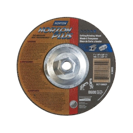 Norton Co Type 27 NorZon Plus Depressed Center Wheel, 7 in dia, 1/8 in Thick, 5/8 in Arbor, 24 Grit 66252938855-XCP1