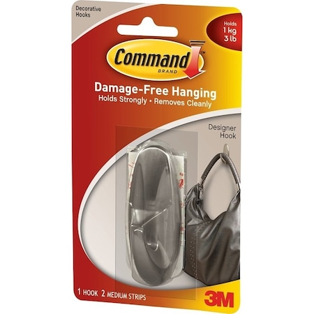 Command 17081BN Designer Hook, 3 lb, 1Hook, Plastic, Brushed Nickel 17081BN