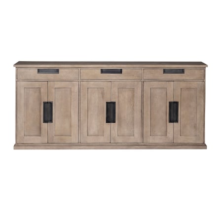 Homeroots 82in Brown Solid Wood Three Drawer Sideboard with Six Doors 380206