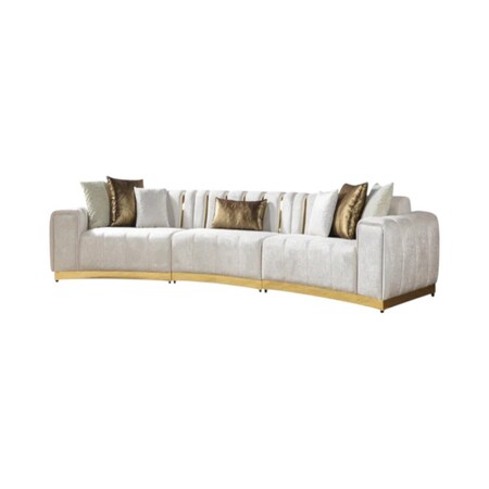 Homeroots Gold And White Velvet Curved Three Piece Sectional With Toss Pillows 643879