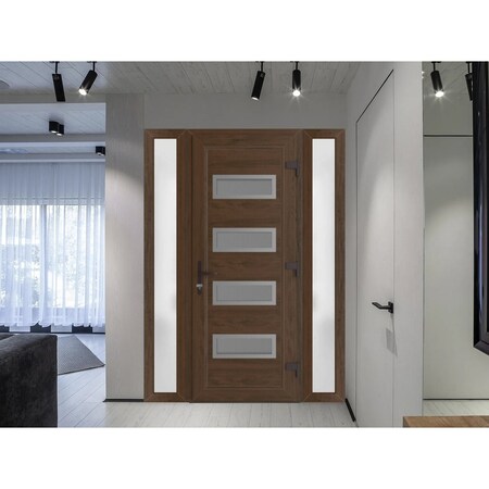 Vdomdoors Front Exterior Prehung Metal-Plastic Door, Manux 8113 Walnut, 2 Side Sidelite Transoms, Office Comm MANUX8113EXD-WLN-W14+32+14xH80-LH