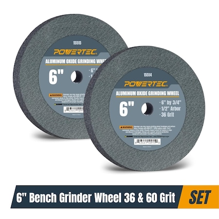 Powertec Aluminum Oxide Bench Grinding Wheel 6 in 36 & 60 Grit, 3/4 in Thick 1/2 in Arbor, 2PK 15533