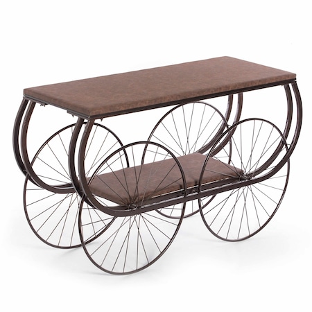 Vintiquewise Industrial Wagon Style Console Table Wood Top Large Spoke Metal Wheels & Lower Shelf QI004927