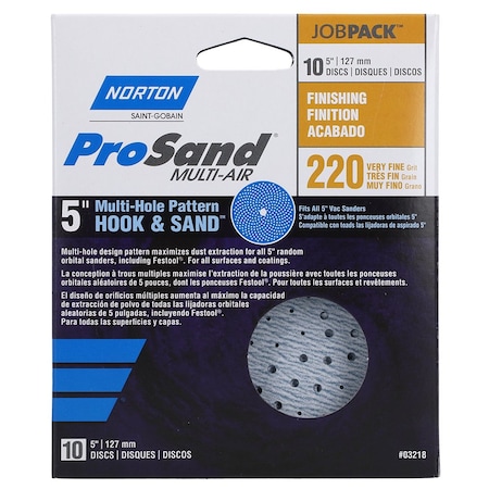 Norton Co 5" Norton 03218 ProSand Multi-Hole Hook & Sand Vacuum Discs, 220-Grit, Very Fine, 10-Pack 06038