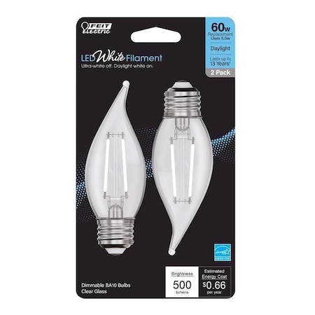 Feit Electric White BA10 E26 (Medium) Filament LED Bulb Daylight 60 Watt Equivalence, 2PK BPEFC60950WFIL2