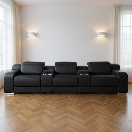 Homeroots 129" Black Italian Leather Reclining USB Sofa 632885