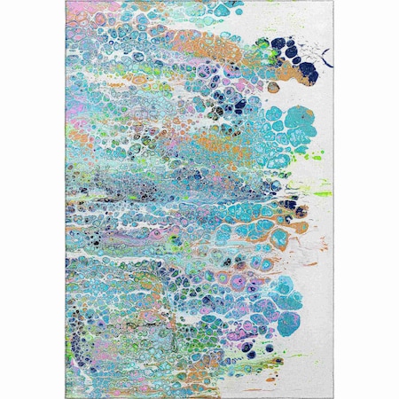 Homeroots 5' X 8' Teal Blue Ivory And Gold Abstract Washable Indoor Outdoor Area Rug 643560