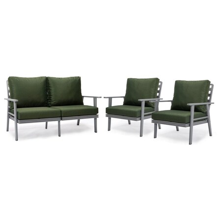 Leisuremod Walbrooke 3-Piece Outdoor Patio Set, Grey Aluminum Frame & Removable Cushions, Green WGR-57-31G