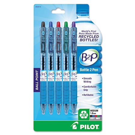 Pilot B2P Bottle-2-Pen Recycled Ballpoint Pen, Retractable, Medium 1 mm, Assorted Ink Colors, 5PK 32814
