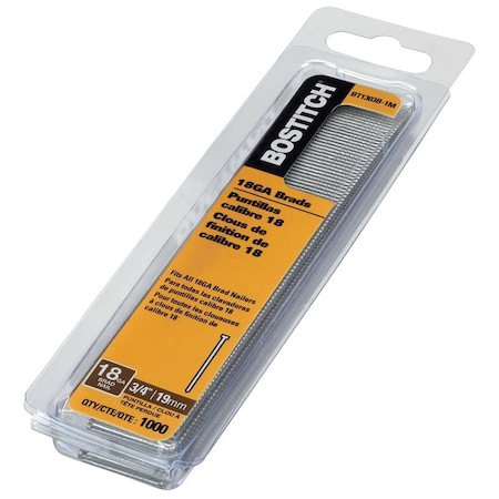 Bostitch Nail, 1 in L, 18 Gauge, Steel, Coated, Brad Head, Smooth Shank, 1000PK BT1303B-1M