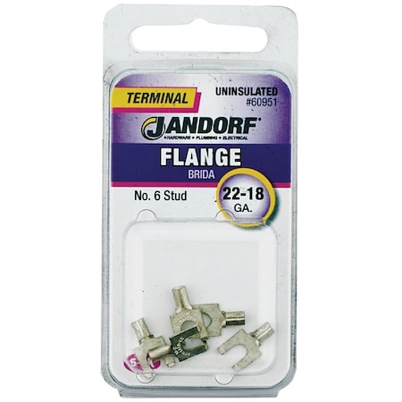 Jandorf Non-Insulated Flanged Spade Terminal, 22 to 18 AWG Wire, #6 Stud, Copper Contact 60951