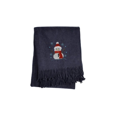 Homeroots 55" X 70" Navy BlueCotton Blend Woven Snowman Embroidered Throw Blanket with Fringe 713576
