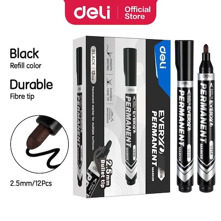 Deli EVERYU Permanent Marker, Bullet Tip, Black, Waterproof, 12PK EU216-BK