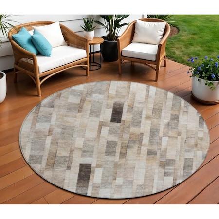 Homeroots 8' Taupe And Gray Round Striped Washable Indoor Outdoor Area Rug 615526