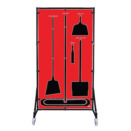 5S Supplies Housekeeping Shadow Board Broom Station V4, Red / Black Shadows, Kit + Stand, No Text HSB-V4-RED-KIT-STAND-NO TEXT