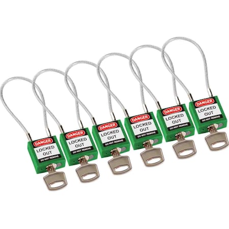 Brady Compact Nylon Padlock 4.2 in Steel Shackle KA Green with 7.87 in Cable 6PK 146131