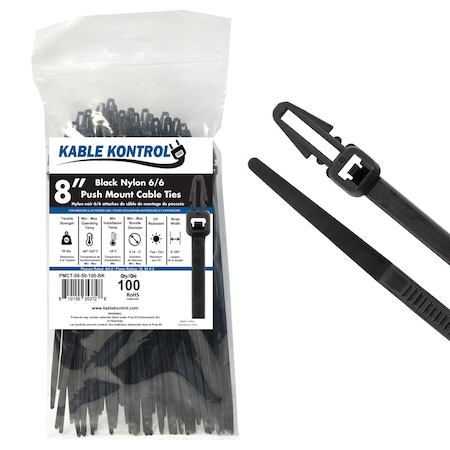 Kable Kontrol Arrowhead Push Mount Cable Zip Ties, 8 in L, 2 in Max Bundle Dia., Black, Nylon 6-6, 100 PK pmct-08-50-100-bk