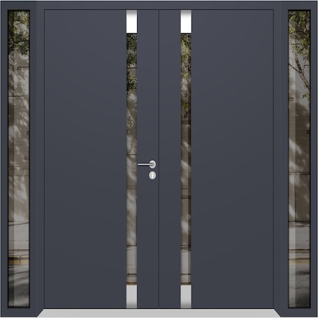 Vdomdoors Aluminum Double Doors Cynex 6777 Grey 2 Sidelights Mirrored Clear Glass Modern Painted 100x96 (W14+ CYNEX6777DEXD-GRE-W14+72+14xH96-RH-O