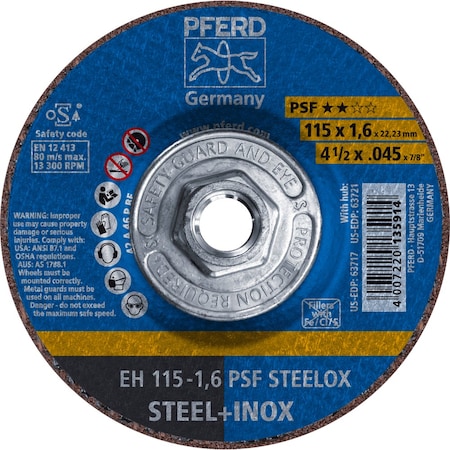 Pferd Cut-Off Wheel, Type 27, 4-1/2 in Dia, 0.045 in Thick, 5/8 in-11 Arbor Hole Size, Aluminum Oxide 63721