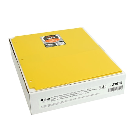 C-Line Products Two-Pocket Heavyweight Poly Portfolio Folder with Three-Hole Punch, Yellow, 25PK 33936