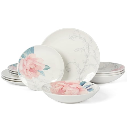 Martha Stewart Peony 12 Piece Round Fine Ceramic Dinnerware Set in White and Pink 130159.12
