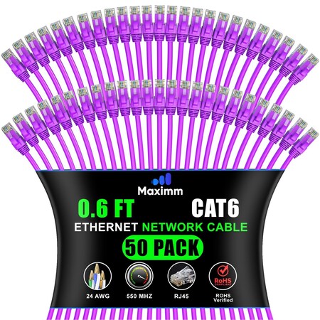Maximm Cat6 Ethernet Cable 0.6ft 10Gbps 550MHz UTP, 50PK, Purple, 50PK CAT6CCA-0.6PU-50PK