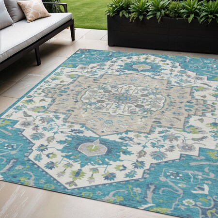 Homeroots 5' X 8' Teal Blue Green And Ivory Oriental Washable Indoor Outdoor Area Rug 596645
