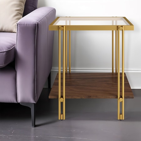 Homeroots 22" Brass And Clear Glass And Steel Square End Table With Shelf 544221