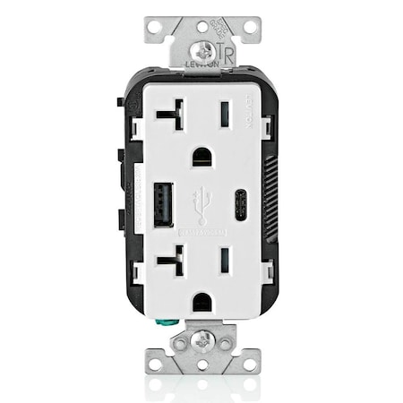 Leviton 5.1A USB Type A/Type-C Wall Outlet Charger with 20A Tamper-Resistant Receptacles T5833-W