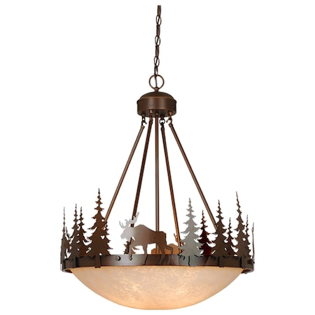 Vaxcel Yellowstone 4-Light 24 in. Wide Burnished Bronze Rustic Moose Bowl Pendant Light Amber Glass PD55624BBZ