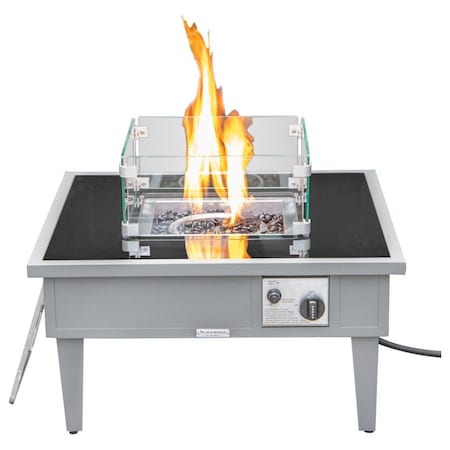 Leisuremod Walbrooke Outdoor Patio Aluminum Square Fire Pit Side Table with Lid and Fire Glass, Grey WGR-27-GL